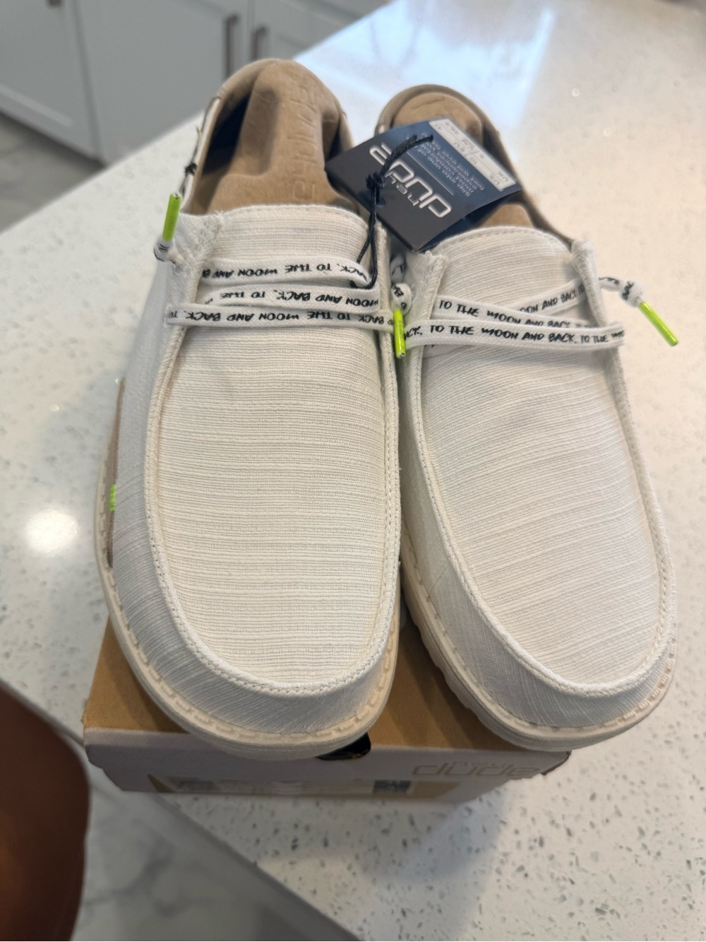 Hey Dude Women's Off-White Canvas Slip-Ons with Neon Green Accents